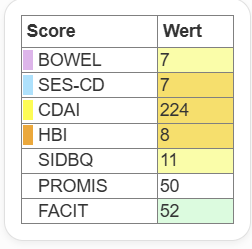 Beispielhafte Darstellung der Score Tabelle mit verschiedenen Scores und Werten für medizinische Indikatoren, wie den CDAI.